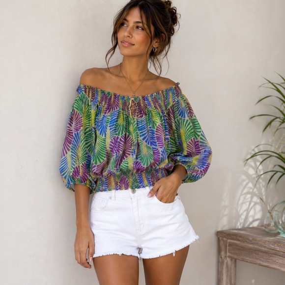 Zara Tops - Zara 100% Silk Blouse Size M Multicolor Off Shoulder Puff Sleeve Resort Wear